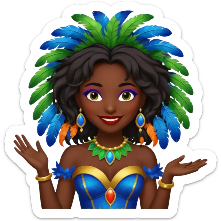 i need the same girl in "dark skin girl, dark red lipstick, nails very beautiful" to be smiling in "carnival mas costume, blue, green and orange preferably, full costume feathers at the back" she is to be smiling, hair should be dark shoulder length, black nail polish on her fingers  sticker