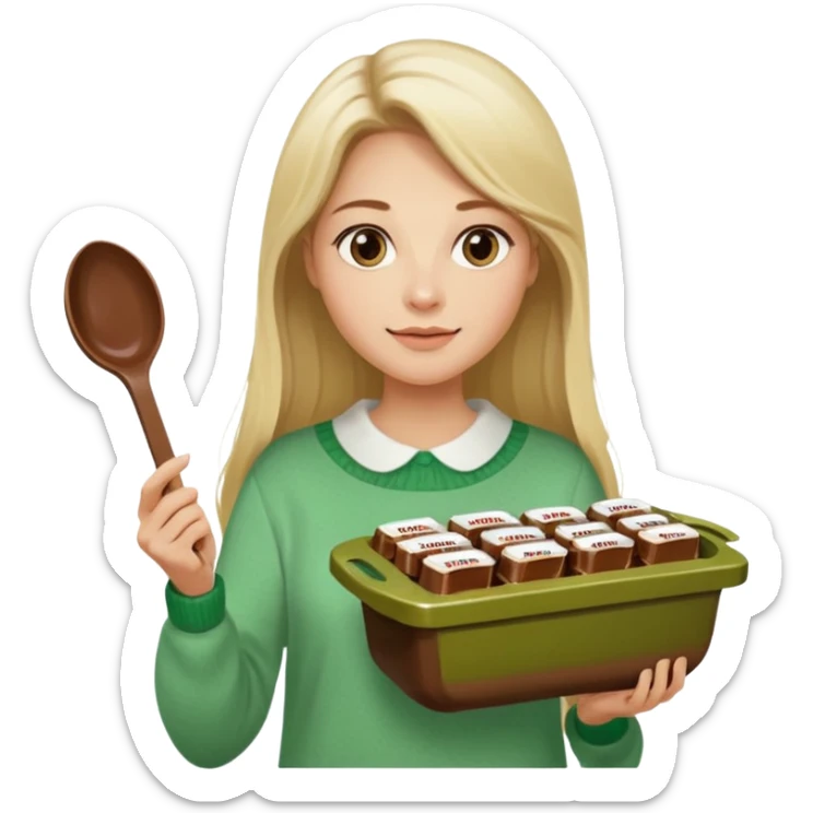 Blond woman with white and green pullover holds in one hand a big carriage of Nutella and in the other hand a oversized spoon which is in the carriage of Nutella. Her hair is long. And the Nutella jar is very big sticker