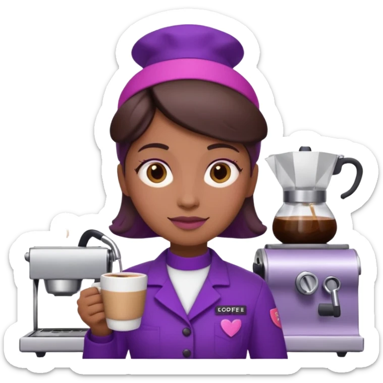 Create 3D minimalist emoji in the style of Coffee Lover — a coffee shop and roastery brand.
Style: cozy, warm.
Colors — purple-pink range.
barista with coffee
on the form it says Coffee Lover sticker