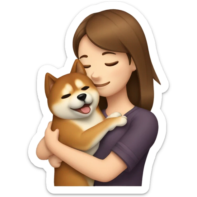 a girl in brown hair hugging Shiba dog sticker
