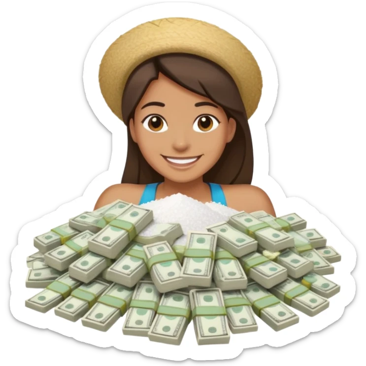 A person smiling with a pile of salt and cash next to them sticker