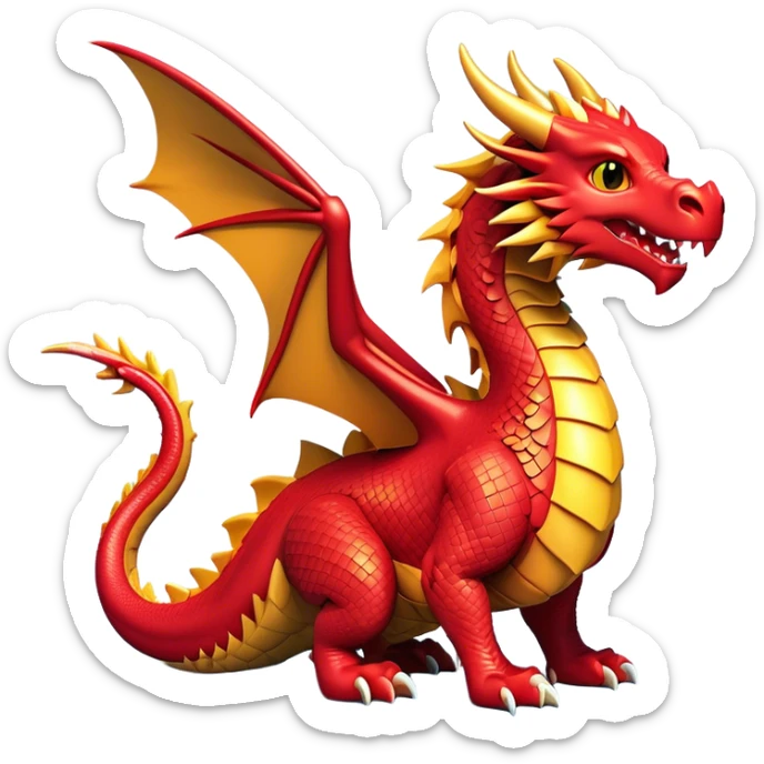 Clash of Clans aesthetic: Cinematic fierce Dragon Emoji, rendered in a 3D vector-style similar to standard emojis with minimal shading and bold, simplified shapes. A compact, isometric dragon with majestic wings and intricately scaled details, softly glowing with a legendary, mythical charm. Simplified yet unmistakably iconic, highly detailed and consistent, glowing with a soft radiant brilliance and high shine. Stylized with a touch of fantastical might and a soft glowing outline, capturing the essence of a mighty dragon with a friendly, playful demeanor! sticker