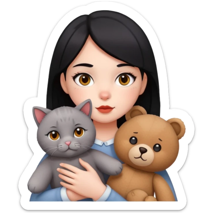 A girl with black eyes, red cheeks, black hair with a white face, holding a British gray cat and a brown teddy bear sticker