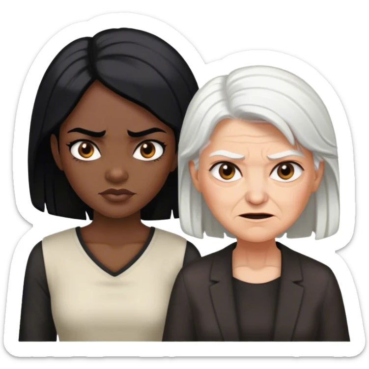 a black-skinned angry girl with black hair next to an older white hairs black lady who smile sticker