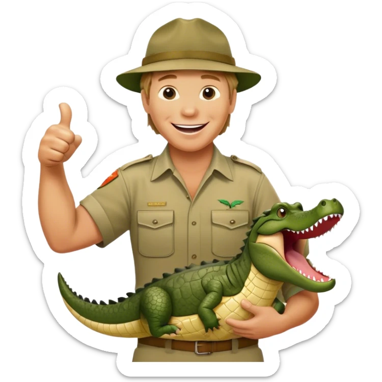 Cinematic Realistic Steve Irwin Portrait Emoji, in his signature khaki attire, holding a crocodile or giving an excited thumbs-up. The scene is lit with vibrant, natural sunlight, emphasizing his adventurous spirit and deep connection to nature. sticker