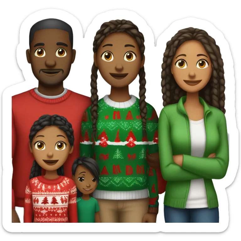 Black family of four members with Dad, Mom, Son, and Daughter. The Son and Daughter are teenagers. The Mom has braids. The Dad is light skinned.All family members are wearing Christmas sweaters and Santa hats.  sticker