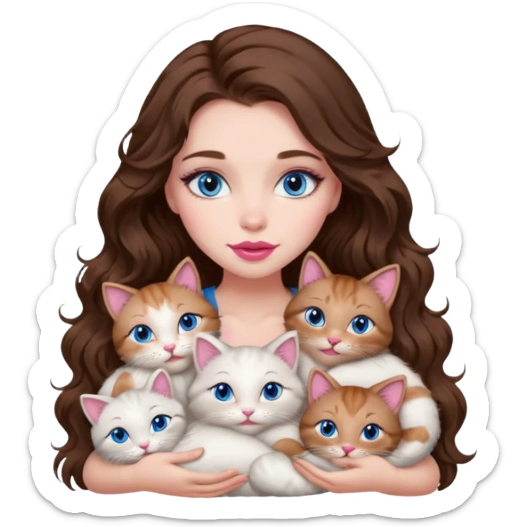 girl with long wavy brown hair, blue eyes, long lashes makeup, sexy pink lips, cuddling with 6 cats sticker