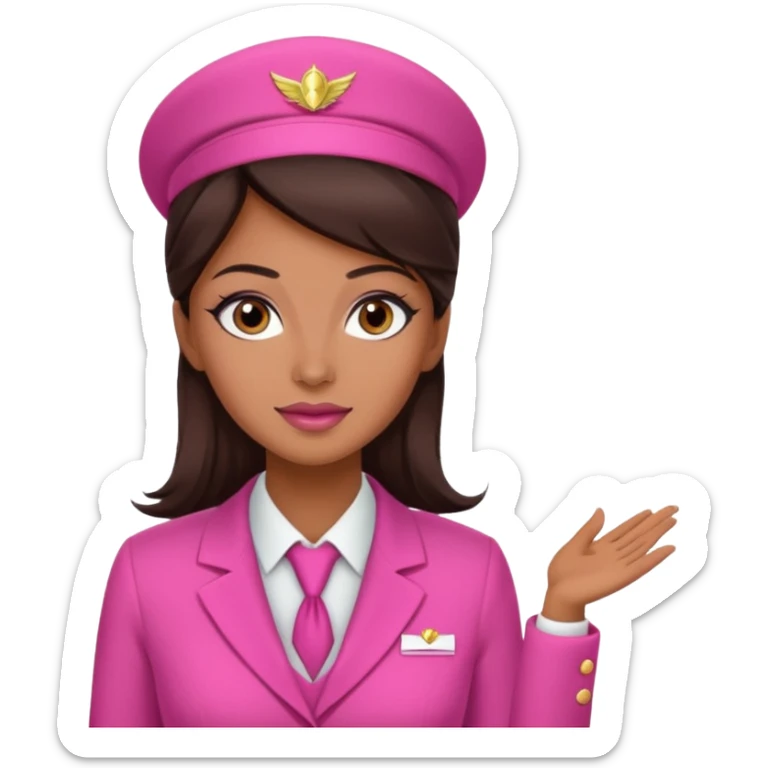 Flight attendant with pink outfit tan skin dark brown hair pretty makeup sticker
