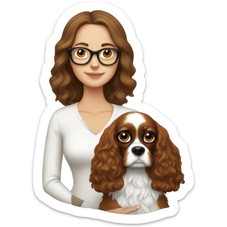 White girl with brown hair wearing glasses holds a king charles spaniel dog sticker