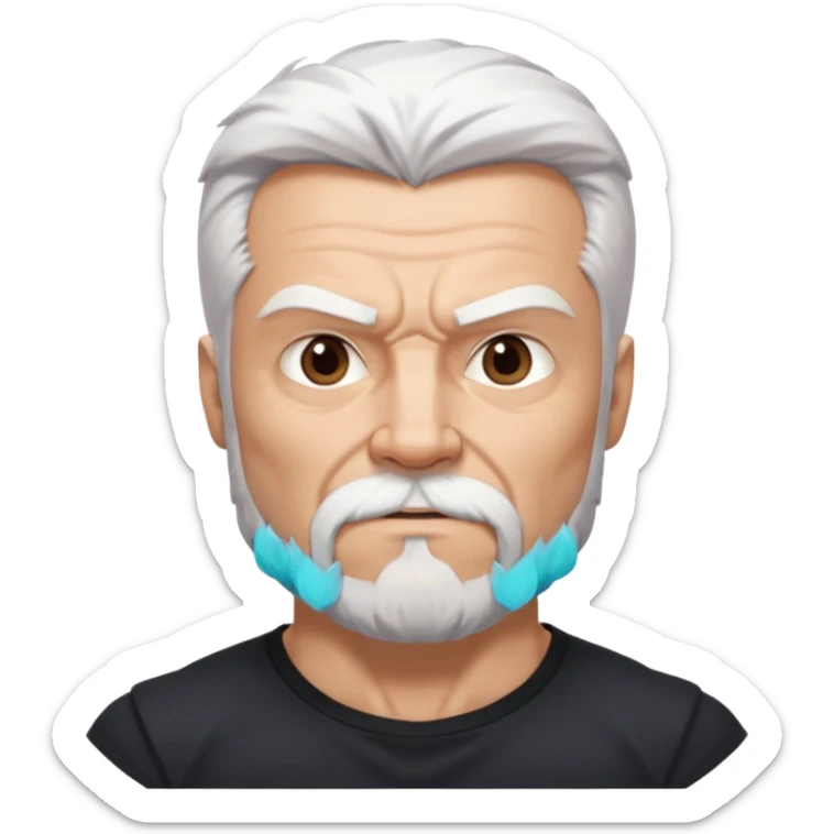 White haired muscled adult man with a black t-shirt. He has white beard and a long goatee. Dark brown eyes and some wrinkles. Attractive, Wolverine vibes. Not too old. sticker