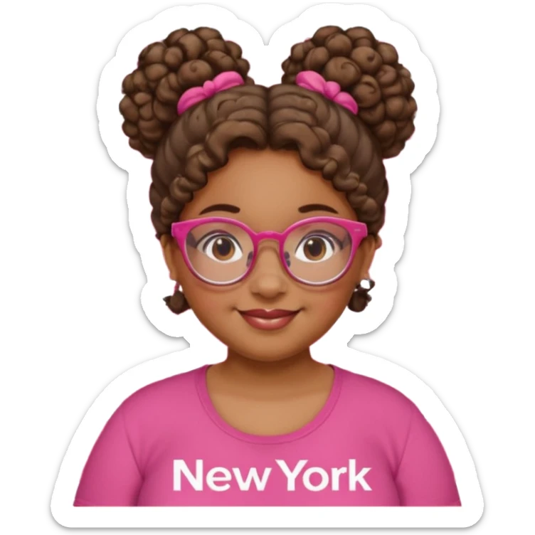 Girl, fat, clear glasses, curly hair in bun, brown skin, pink shirt with red text that says "New York," smiling  sticker