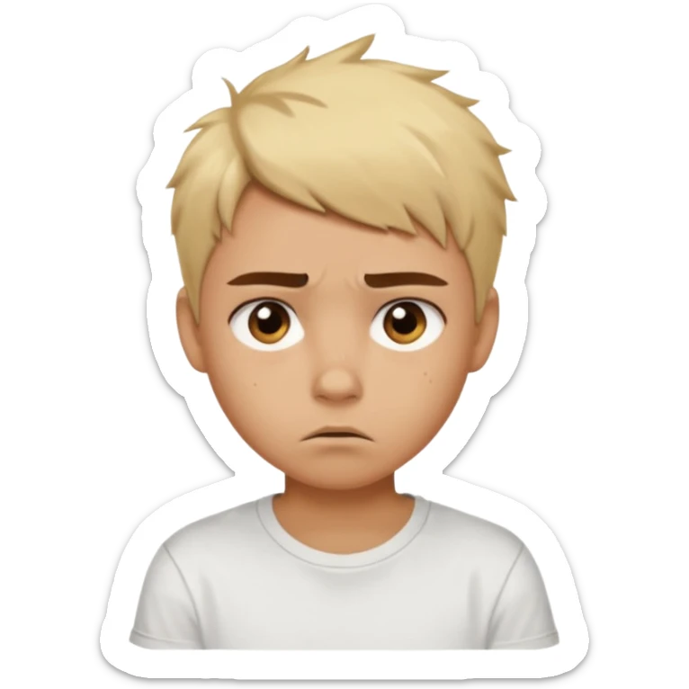 caramel skin color. Teen age. Short buzz, messy blonde hair, dark brown bushy eyebrows large expressive golden-brown eyes, brown skin color, scar over nose, wearing a plain white t-shirt. Disappointed thinking facial expression. caramel skin color sticker
