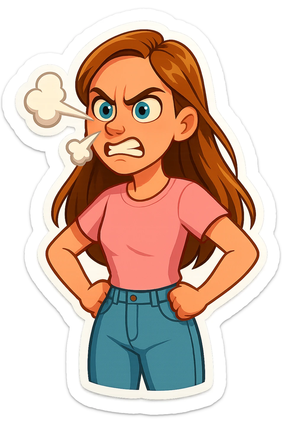 3D cartoon sticker, DreamWorks style of a 30-year-old woman with long light brown hair below shoulder blades, fair skin, large expressive blue eyes, slight bump on nose, wearing a pastel pink t-shirt and light blue mom jeans, angry with steam from nose, soft light, white sticker outline sticker