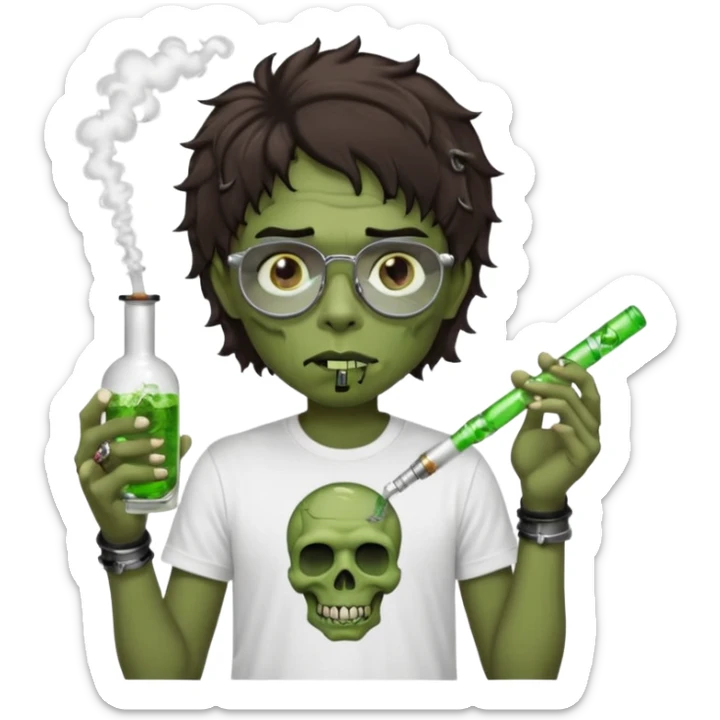 brown short wavy haired zombie getting stoned with weed t shirt and bong on his hand and wearing black chrome hearts bifocals sticker