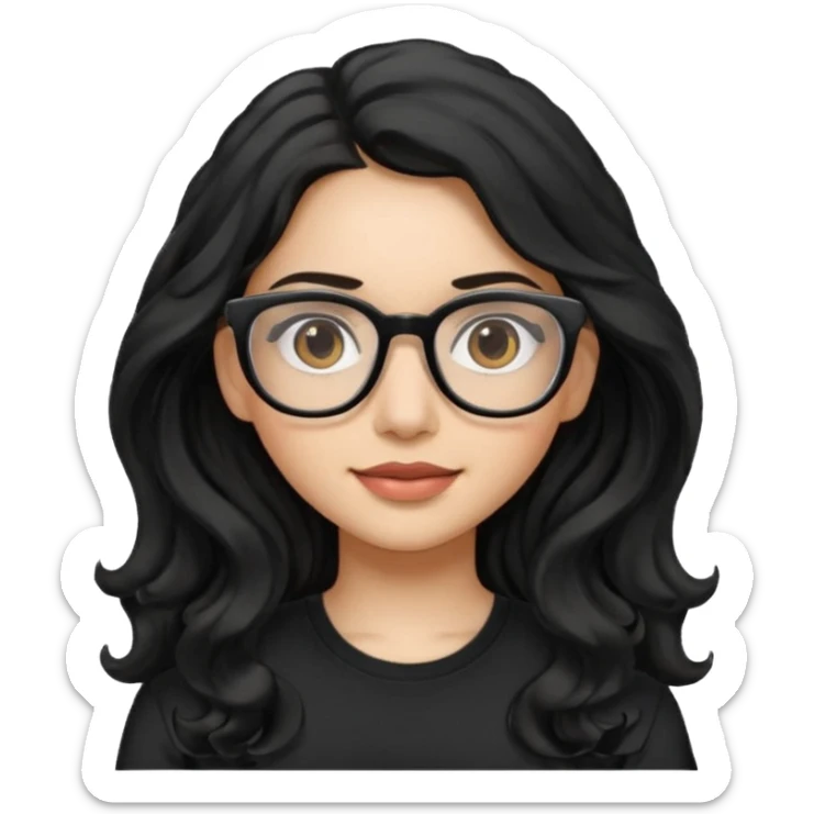 Pretty Hispanic girl with long black wavy hair with glasses and black shirt sticker