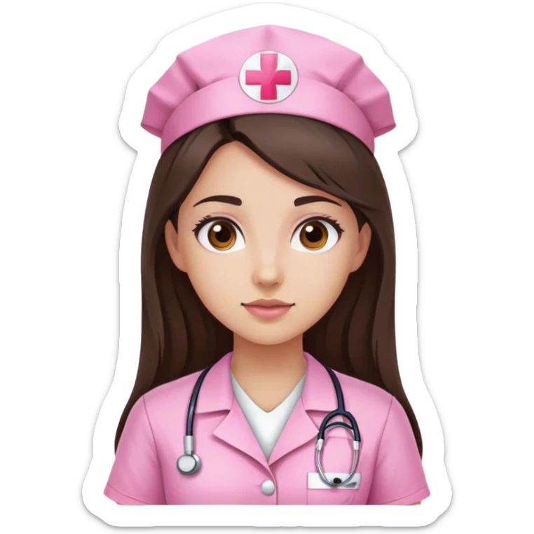 Girl with long dark brown hair and brown eyes wearing pink nurse shirt sticker