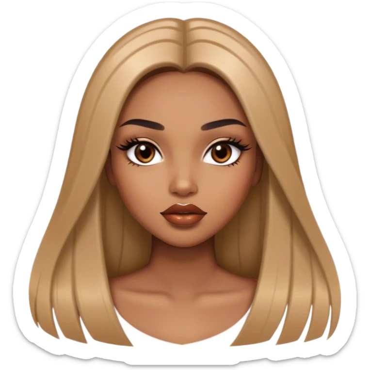 Glamourous, light brown skin tone, very beautiful girl, with big plump shiny lips, long long lashes, black straight smooth silky long hair, straight parting hair, brown eyes sticker