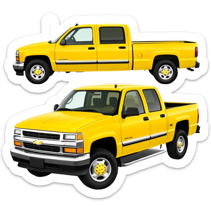 Geometric bright yellow 1997 Chevrolet Silverado C-2500 Crew Cab pickup truck, 30-degree view, clean lines, same yellow as in Kill Bill, minimalist approach, iOS emoji style sticker