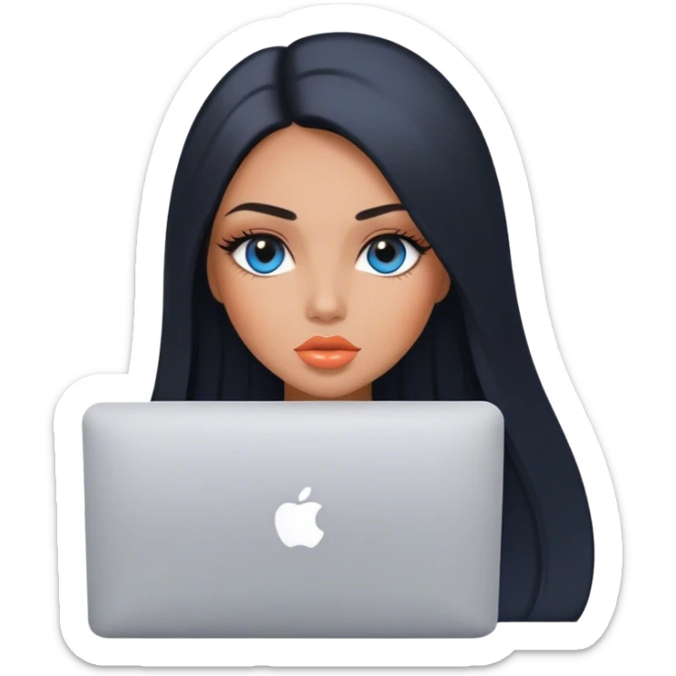 Glamours, tanned, very beautiful girl, with big pump peach lips, black straight smooth silky long hair, straight parting, blue-grey eyes with MacBook sticker