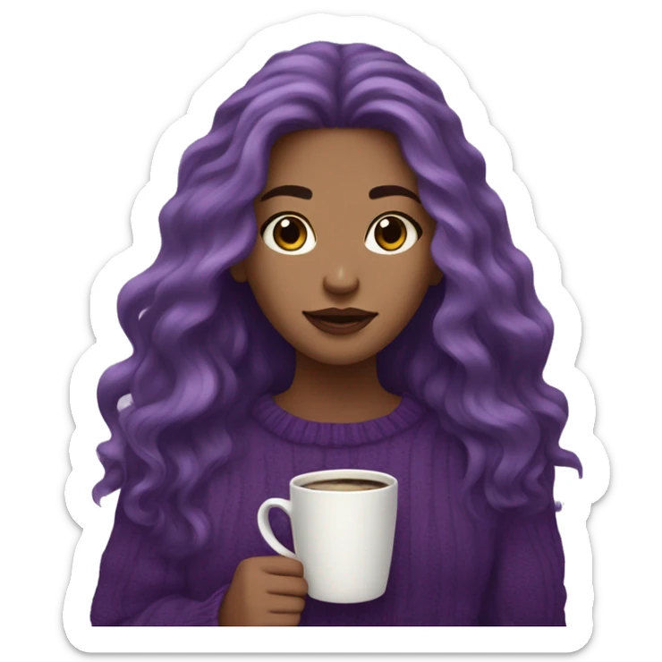 girl with long wavy purple hair holding a coffee mug with a purplish sweater- giving off a purple aesthetic sticker