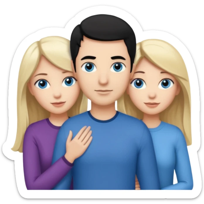 3 people. Throuple. Blank woman with blond hair and blue eye color on left. a blank man with black hair and grey eye color in the middle. And a blank woman with brown hair and grey eye color on the right. Holding each other  sticker