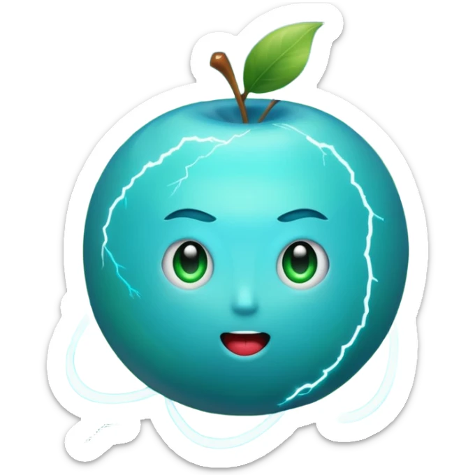 Uranus planet emoji with a face, electric like lightning, blue-green color, chaotic energy, rings, expressive features showing surprise or excitement, symbolizing unexpected change, Apple-style emoji sticker