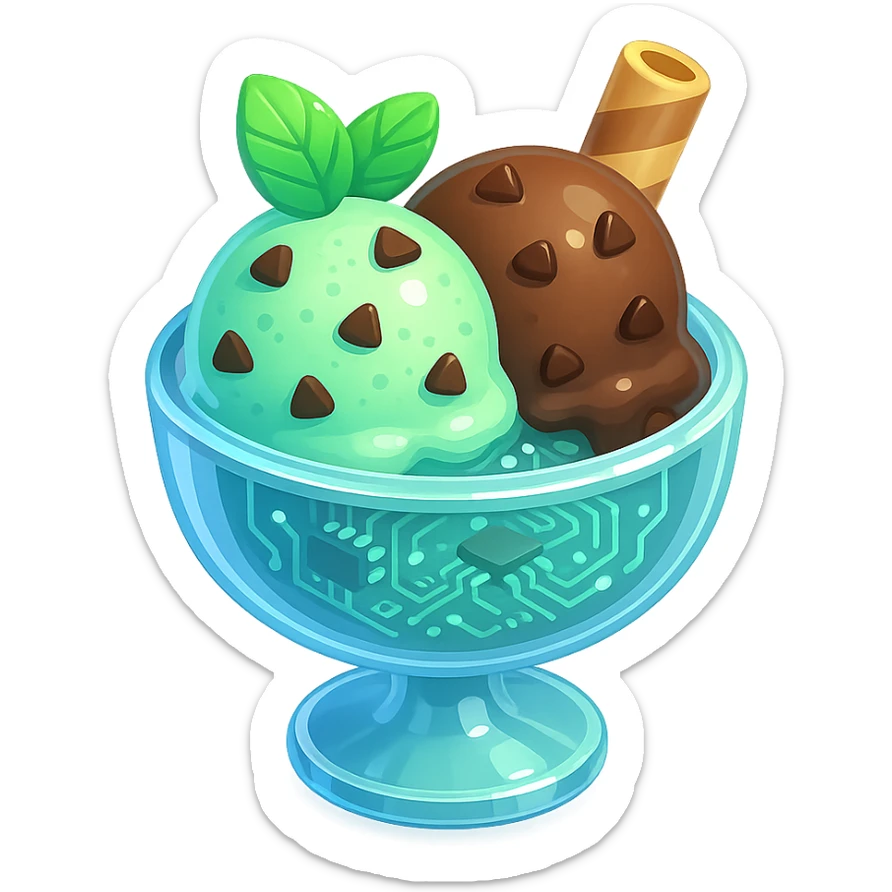 3D glossy ice cream sundae in glass bowl with mint and chocolate chip scoops, wafer stick, shiny highlights sticker