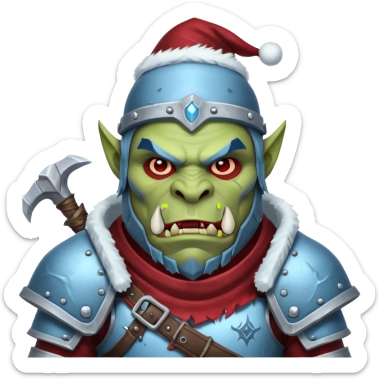 
Fantasy Christmas orc legion soldier icon, iron tundra army theme, heavy winter armor, disciplined brutal look, icy blue steel armor with deep crimson accents, frozen metal texture, cold winter atmosphere, male variant sticker