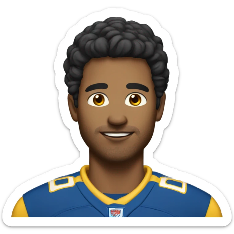 a handasome man dark hair, wheat skinned, brown eyes wearing yellow and blue sportsgear sticker