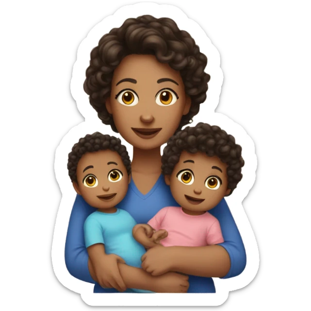 a mom with short dark brown curly hair and 2 babies one boy one girl sticker