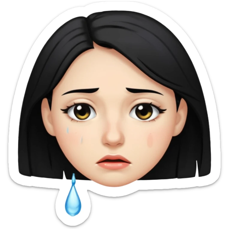 A woman in her late 20s with black hair with tears in her eyes and a look of hunger sticker