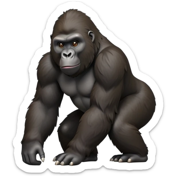 cinematic-gorilla-realistic-full-body-on-all-fours-emoji,-exuding-strength,-thick-dark-fur-in-the-light,-head-tilted-dramatically,-deep-friendly-eyes-filled-with-intense-intelligence,-simplified-yet-realistic-focused-features,-highly-detailed, zoomed out friendly  sticker