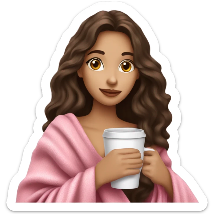 A pretty brunette girl with very long wavy hair in a pink blanket sipping coffee sticker
