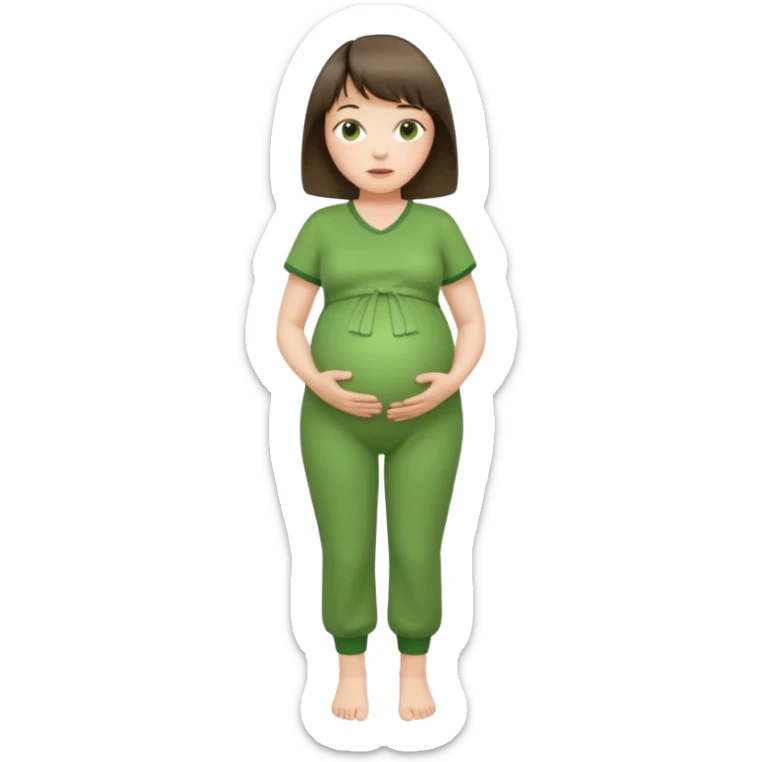 pregnant lady with bangs and short hair in a green jumpsuit sticker