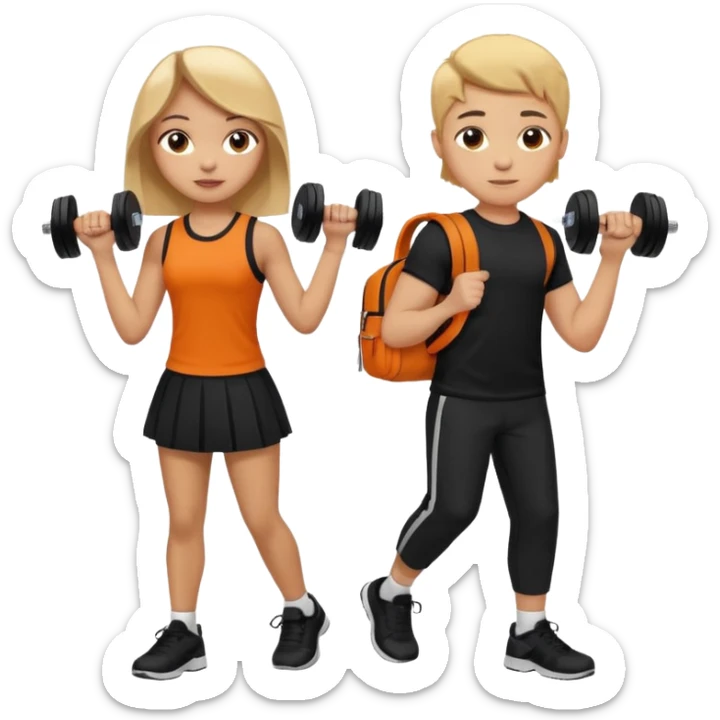 light skin students girl and boy with school bag full of books on hand and dumbell in other hand. Clothes are in black and orange colours. They are going to the gym. They have brown and blonde hair. Dumbell is visible in hand. They are teaching about sport sticker