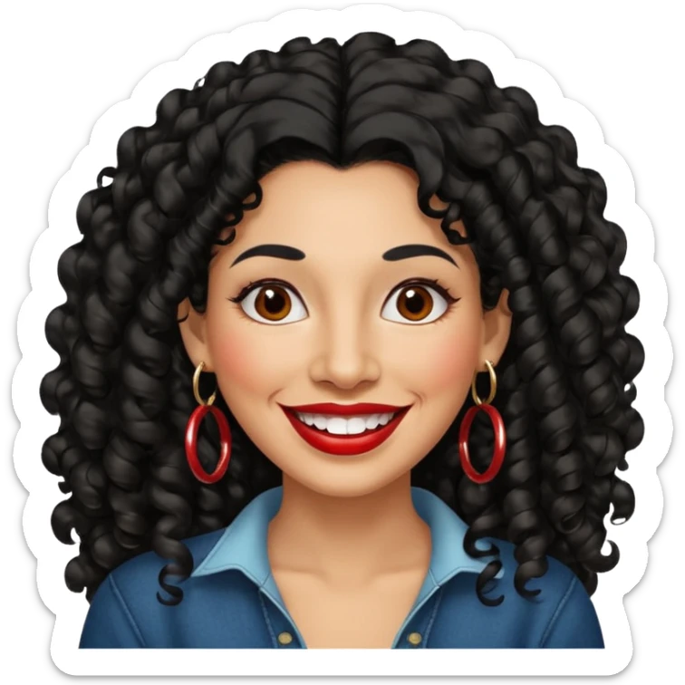 40 yr old peruvian woman, very curly long black hair, red lipstick, big smile, white teeth, brown eyes, hoop earings, side part to hair sticker