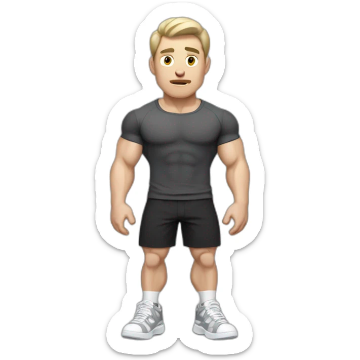 Confused Pale skinned Fit Man With the biceps and dark brown hair in black shirt, gray sports shorts and white Sneakers sticker