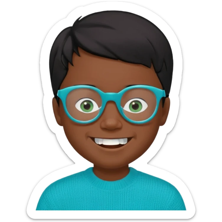 Chico de 7 años, pelo negro y repeinado, piel oscurita, gafas rectangulares azules, sonriente sin 1 diente, jersey verde turquesa y ojos rasgados, no redondeados sticker