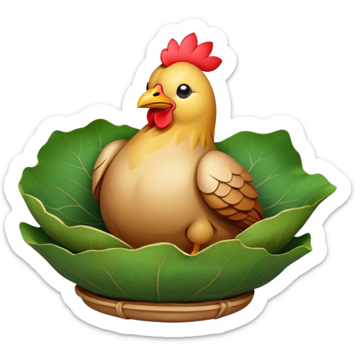 Beggar's Chicken wrapped in lotus leaf and clay, simplified emoji style with bold outlines and bright colors, cartoon style traditional Hangzhou dish before cracking sticker