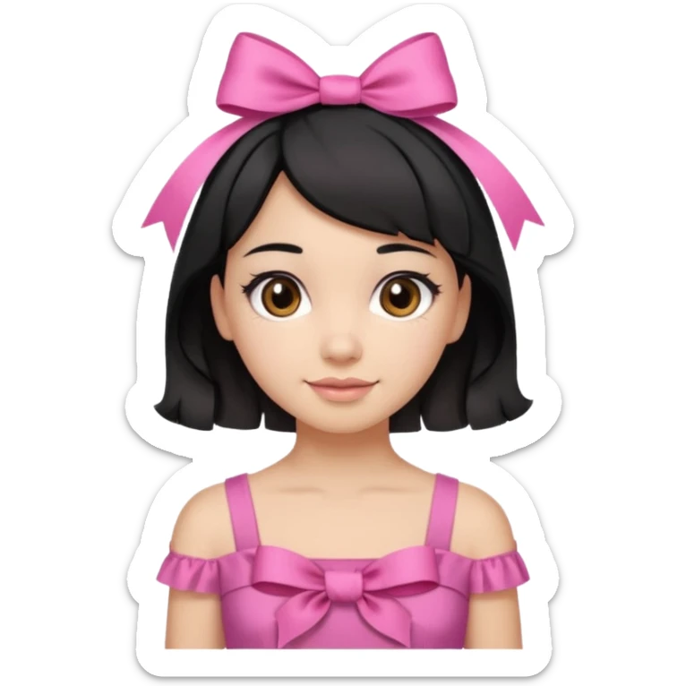 Beautiful girl with short black hair in a half-up half-down hairstyle with pink ribbon tying the top half, waves at the ends, brown eyes, light skin, slight smile, and pink dress sticker