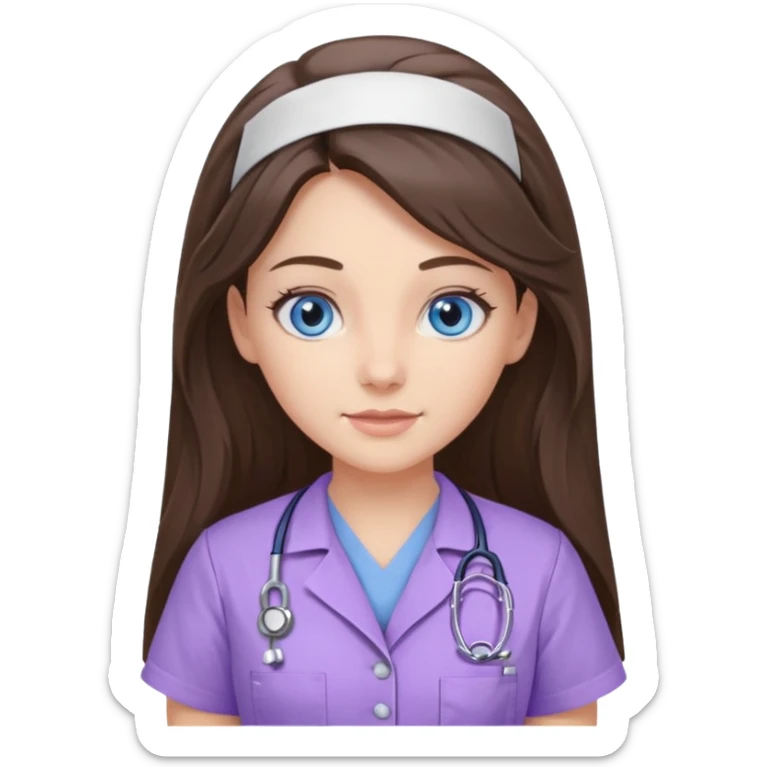 pretty brunette nurse with long hair and blue eyes in lilac scrubs sticker