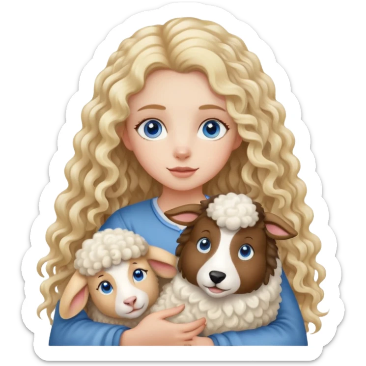 Girl with long curly blonde hair and blue eyes holding sheep collie sticker