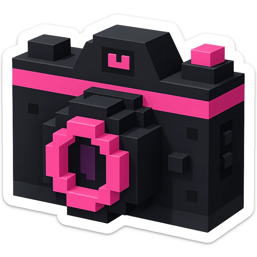 BLACKPINK-inspired gothic camera, blocky and modern, black and pink, no hearts sticker