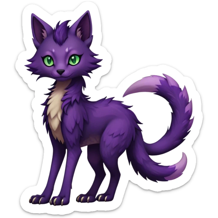 Kawaii dark edgy dark deep purplish with dark green eyes fantasy ethereal feline-vernid-sergal-fursona animal creature with a tufted tail full body with intricate markings  sticker