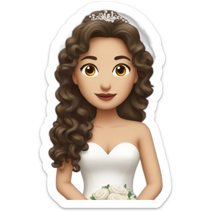 Beautiful brunette bride with long curly hair wearing a wedding dress with small lips sticker