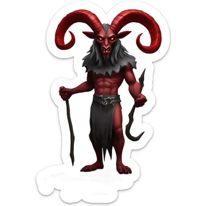 Evil Goatman male Devil sinister with red tipped horns standing with goat hind legs on pyramidal pillar  aura of darkness he is commanding sinister evil power sticker