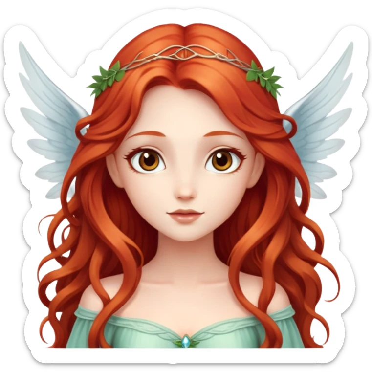 Une magnifique fée avec un visage d’ange  avec de belles ailes une magnifique robe naturelle avec de très long cheveux roux avec des yeux marrons  sticker