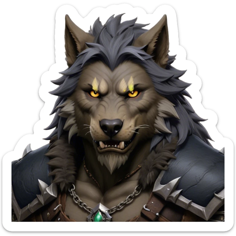 Cinematic Realistic WoW Worgen Portrait, depicted as a fearsome blend of man and beast, with rugged, dark fur intermingling with tanned, weathered skin. His piercing amber eyes and fierce expression are framed by disheveled hair and subtly detailed, worn leather attire in dark, consistent hues. Rendered with lifelike texture and dramatic, natural lighting, high shine, noble and formidable, capturing the primal nobility of a legendary worgen warrior. sticker