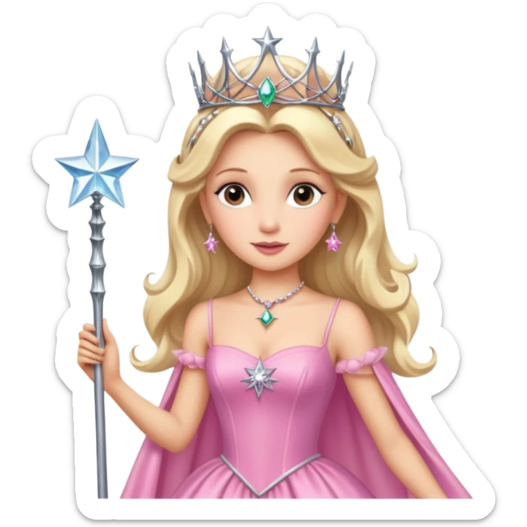 glinda the good witch from wicked movie (ariana) blonde hair, beautiful, big silver thin tiara, star wand, pink gown sticker