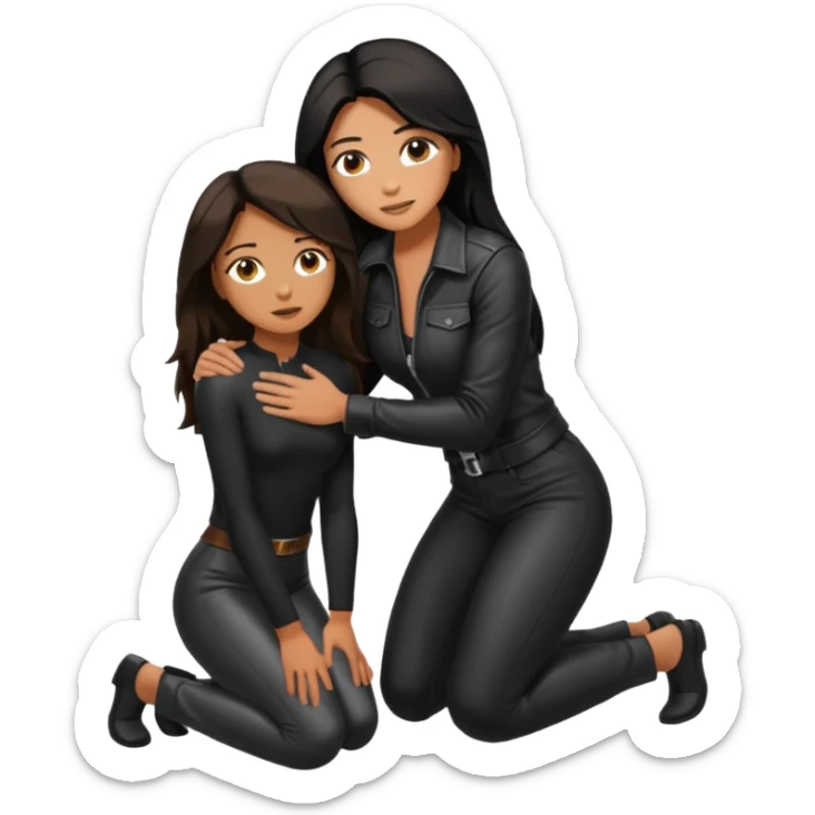 Tan skin with freckles, long dark hair, hazel eyes Dominatrix standing over a dark haired man who is kneeling at her knees sticker